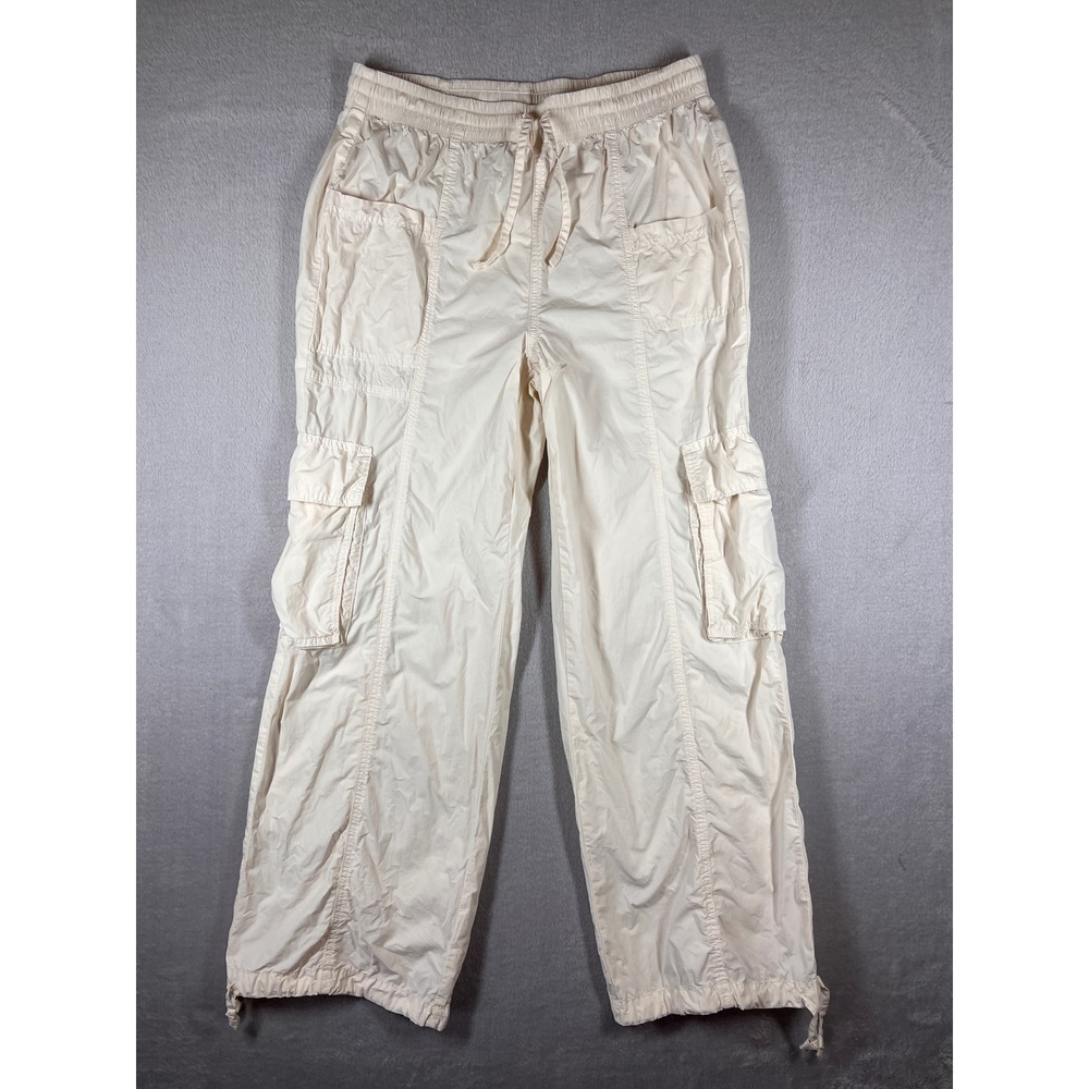 Aerie Womens Medium Cream Cotton Cargo Pants Elastic Waist Utility Wide Leg